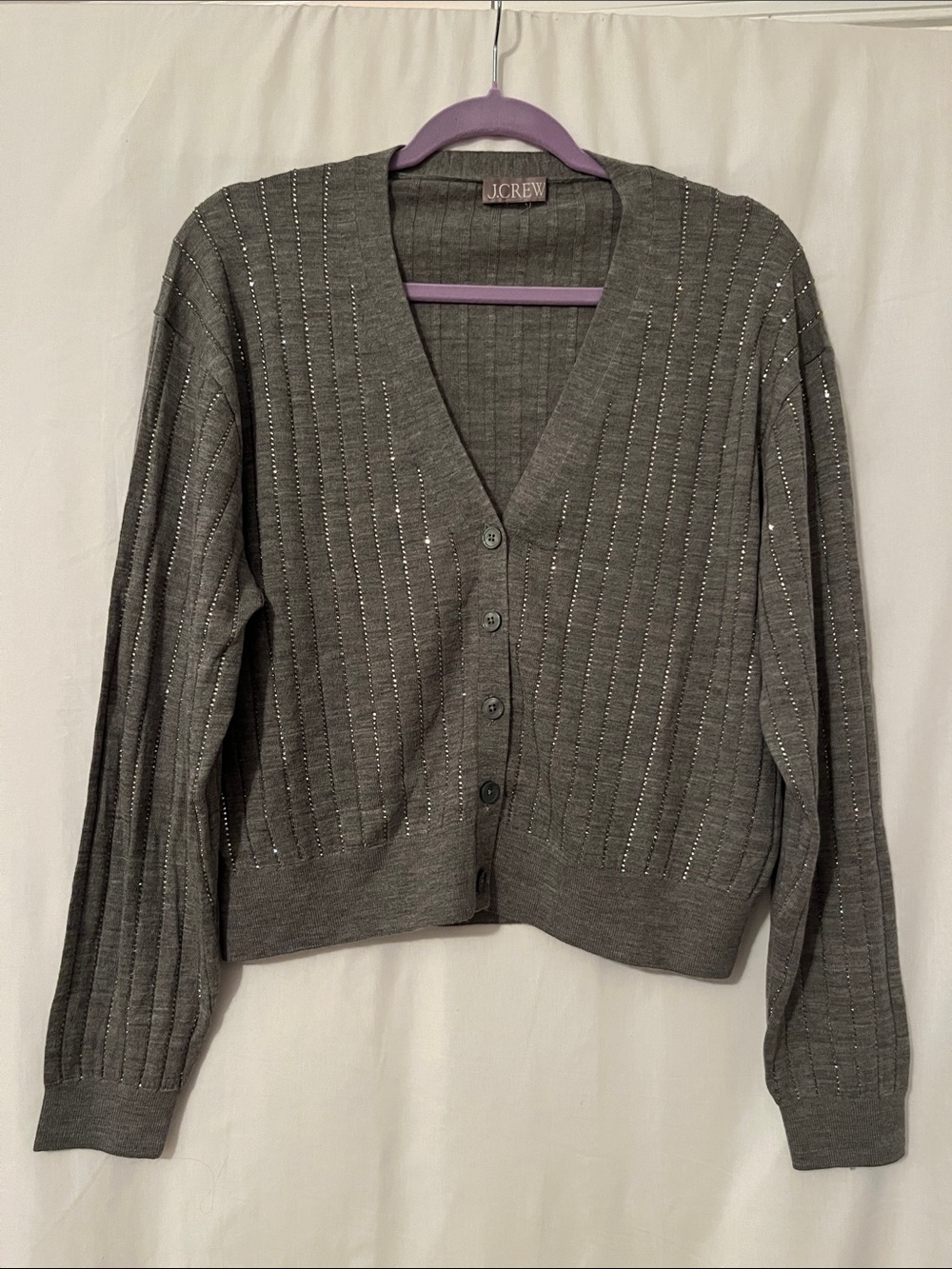 J. Crew Gray Knit V-Neck Button Cardigan with Faux Crystal Stripes